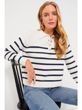NWT TUCKERNUCK  Ivory and Navy Striped Emilie Polo Sweater Size M